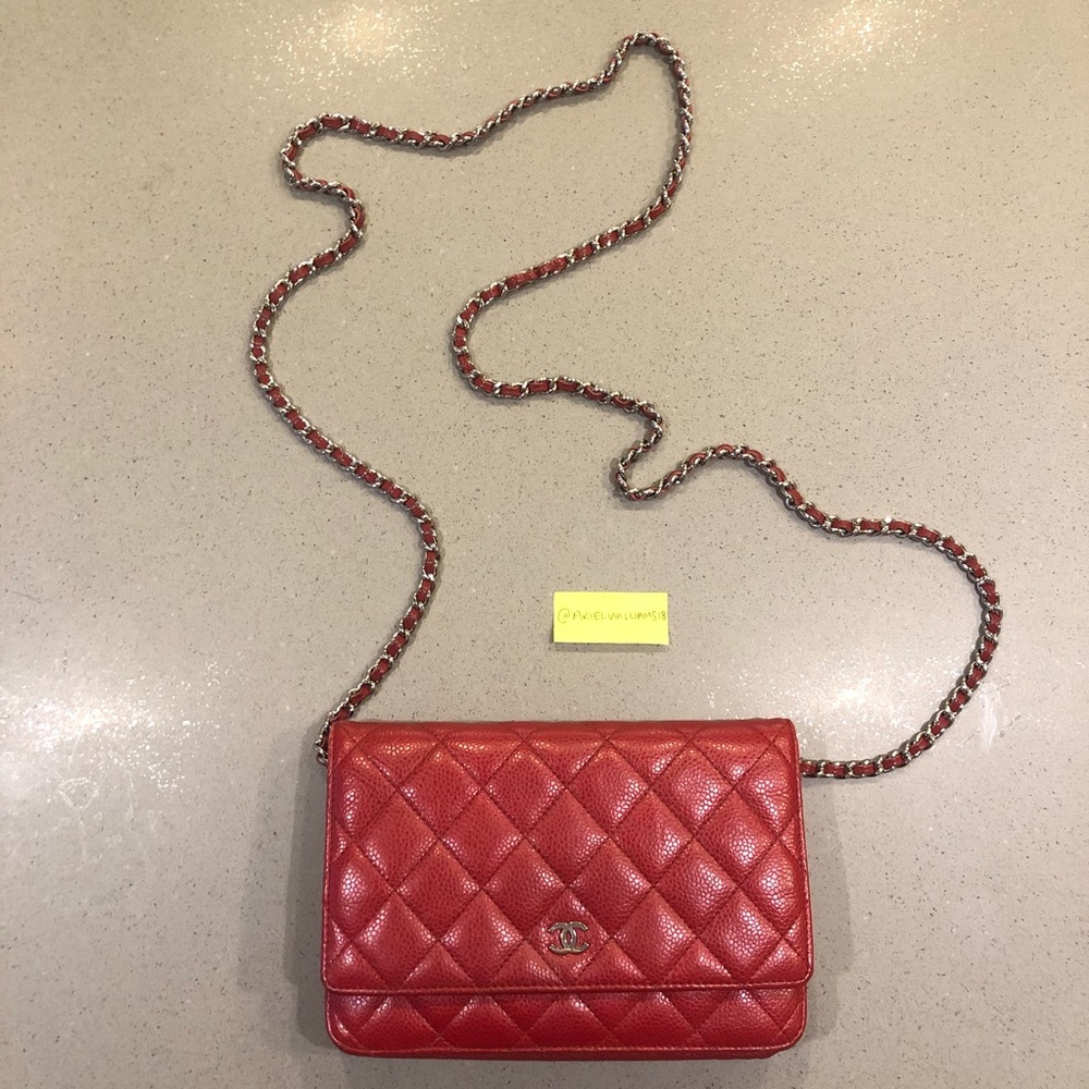Chanel Classic Wallet On Chain Red Caviar Leather with Silver Hardware WOC